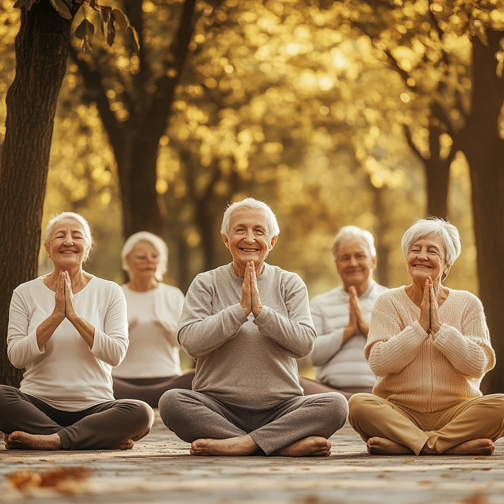 Група пенсіонерів виконує йогу на свіжому повітрі